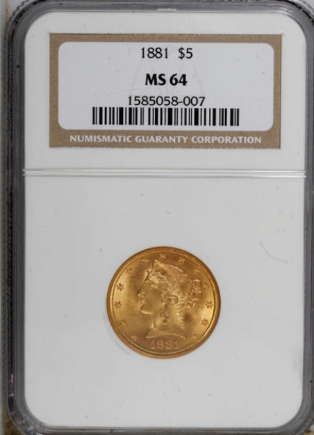 1881 $5 Liberty Half Eagle MS64